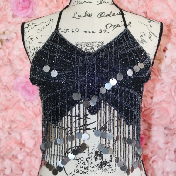 Belly Dance Velvet Coin Bra-Top - Black - Picture 1 of 6